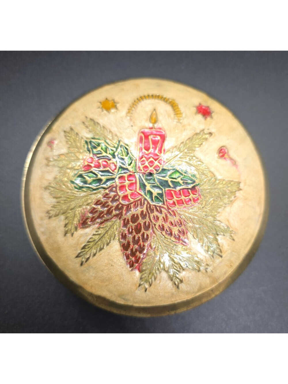 Vintage Solid Brass Enamal Christmas MADE in India Trinkek Box Bowl with LID